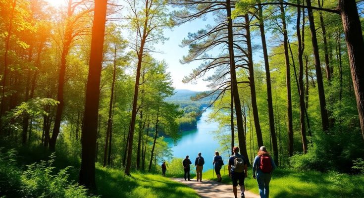 Randonneurs dans une forêt luxuriante au bord d'une rivière de Gironde.