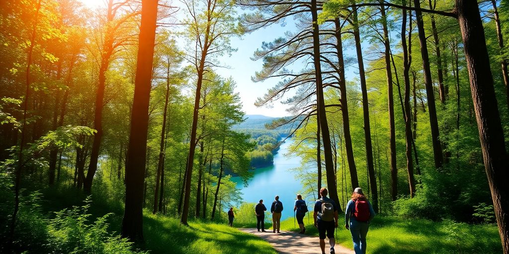 Randonneurs dans une forêt luxuriante au bord d'une rivière de Gironde.
