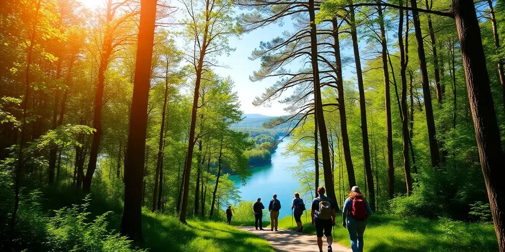 Randonneurs dans une forêt luxuriante au bord d'une rivière de Gironde.