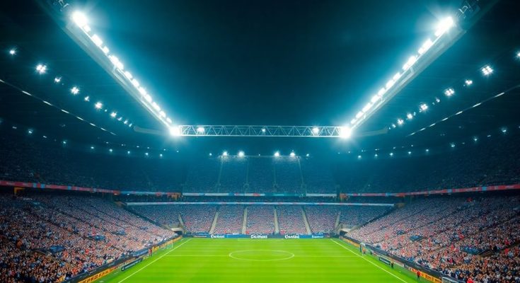 Stade de Premier League avec des fans, sous les projecteurs.