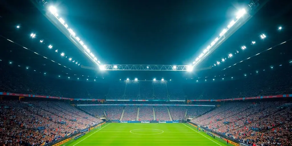 Stade de Premier League avec des fans, sous les projecteurs.