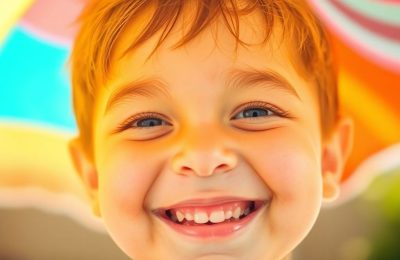 Enfant souriant sous un parasol coloré sur une plage ensoleillée