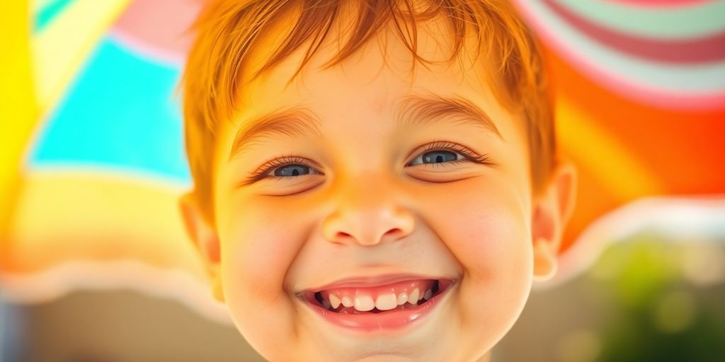 Enfant souriant sous un parasol coloré sur une plage ensoleillée