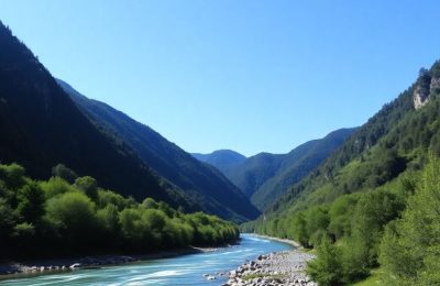 Montagnes verdoyantes, rivière claire, ciel bleu, forêt luxuriante.