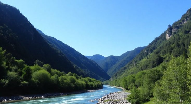 Montagnes verdoyantes, rivière claire, ciel bleu, forêt luxuriante.