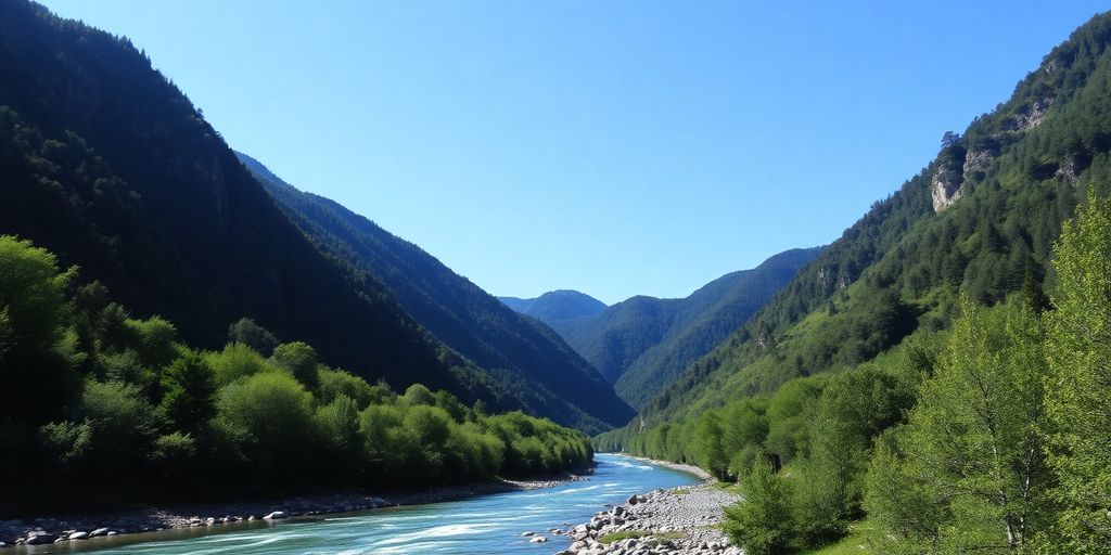 Montagnes verdoyantes, rivière claire, ciel bleu, forêt luxuriante.