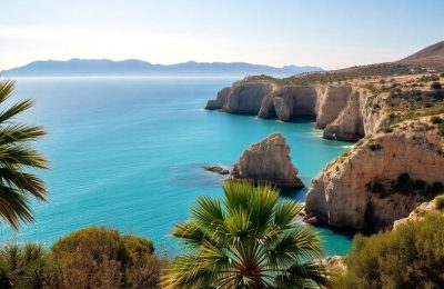 Paysage méditerranéen ensoleillé avec mer et montagne