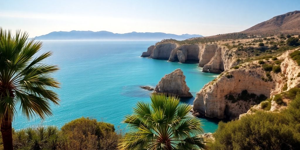 Paysage méditerranéen ensoleillé avec mer et montagne