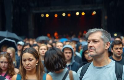 Foule de fans déçus sous la pluie.