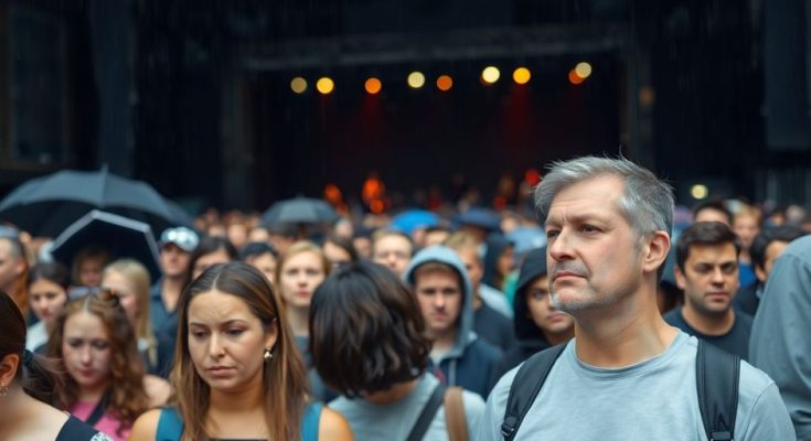 Foule de fans déçus sous la pluie.