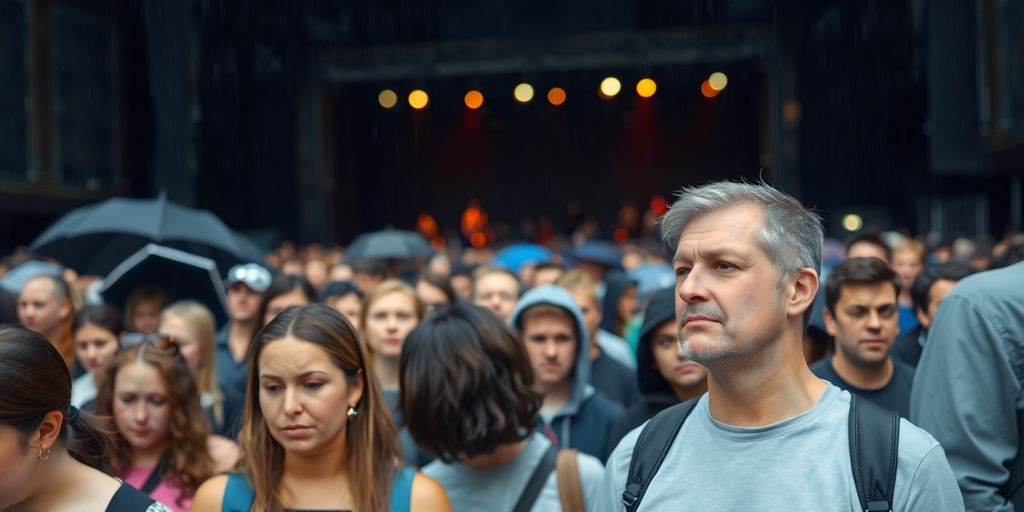 Foule de fans déçus sous la pluie.