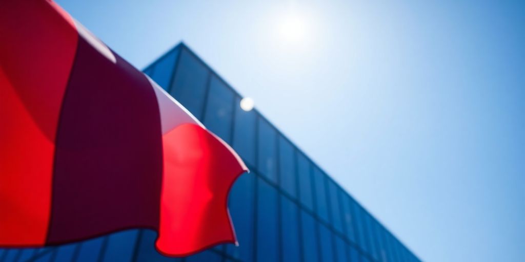 Drapeau français avec un bâtiment technologique