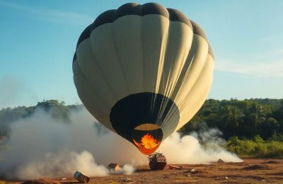 Montgolfière accidentée, flammes et fumée, environnement brésilien.