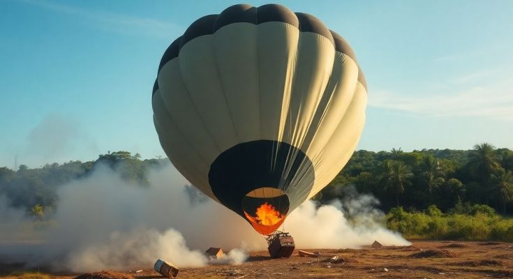 Montgolfière accidentée, flammes et fumée, environnement brésilien.