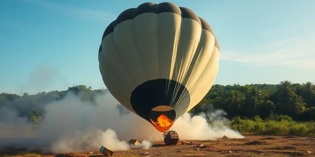 Montgolfière accidentée, flammes et fumée, environnement brésilien.