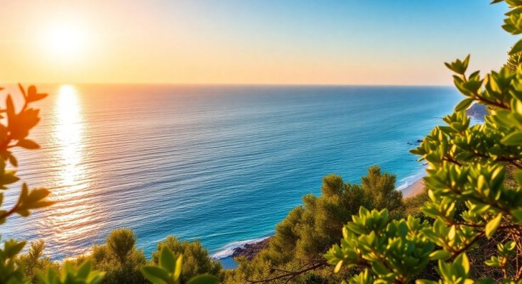 Paysage côtier du Var, mer Méditerranée au coucher du soleil.