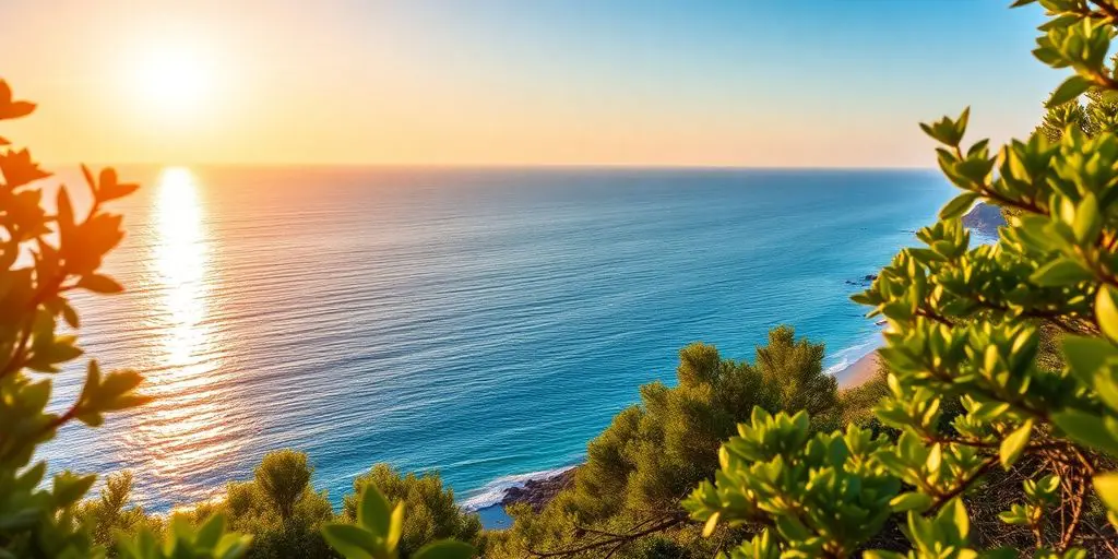 Paysage côtier du Var, mer Méditerranée au coucher du soleil.