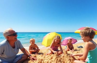 Famille heureuse sur plage ensoleillée Hérault, été 2025.