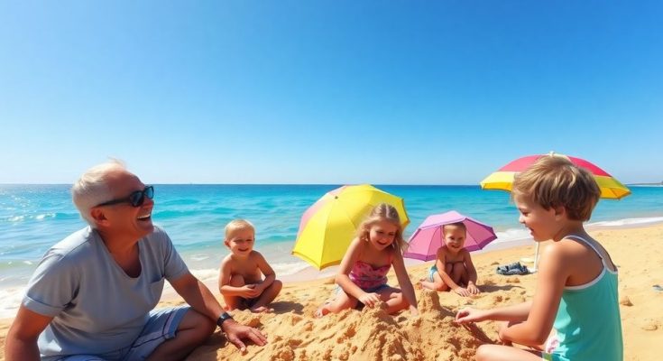 Famille heureuse sur plage ensoleillée Hérault, été 2025.