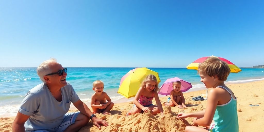 Famille heureuse sur plage ensoleillée Hérault, été 2025.