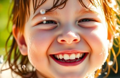 Enfant souriant jouant avec de l'eau