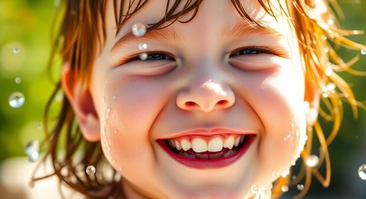 Enfant souriant jouant avec de l'eau