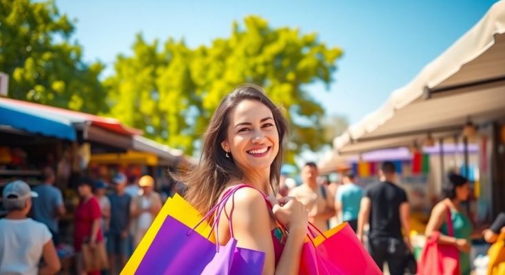 Femme souriante avec des sacs de shopping colorés.