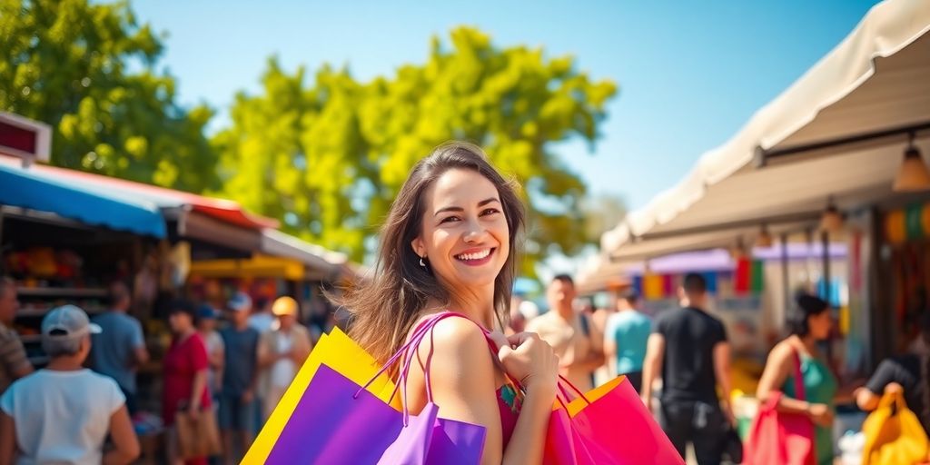 Femme souriante avec des sacs de shopping colorés.