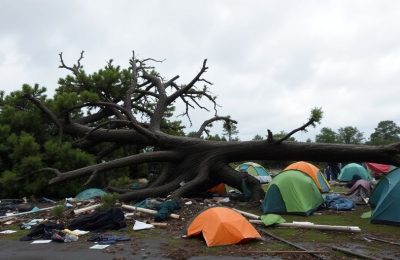 Arbre tombé, dégâts camping, après orage