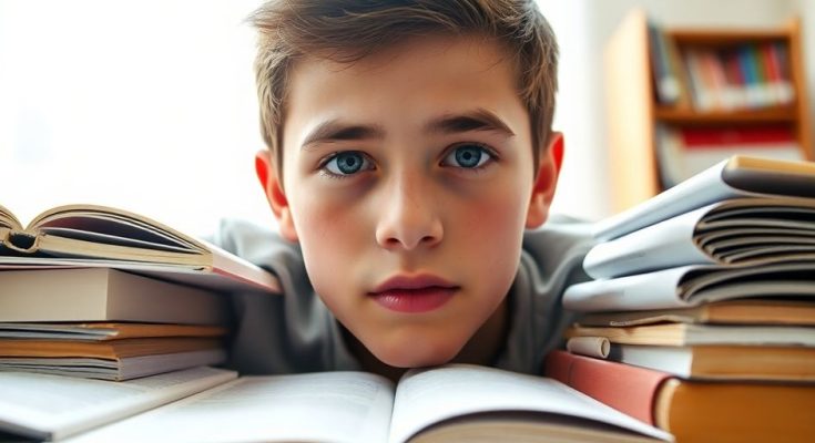Adolescent révise près de livres ouverts