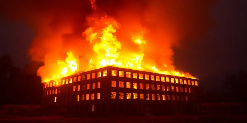 Bâtiment en feu, flammes intenses, fumée épaisse