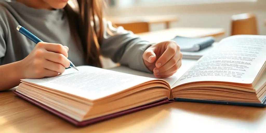 Adolescent écrivant, manuel de français ouvert, salle de classe ensoleillée.