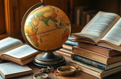 Ancien globe terrestre, livres d'histoire, boussole sur un bureau en bois.