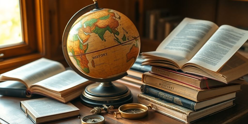 Ancien globe terrestre, livres d'histoire, boussole sur un bureau en bois.