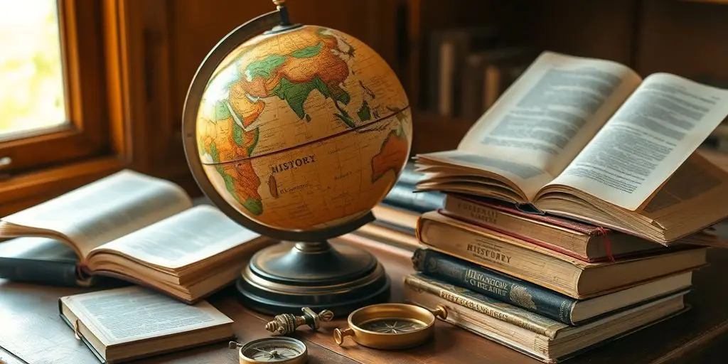 Ancien globe terrestre, livres d'histoire, boussole sur un bureau en bois.