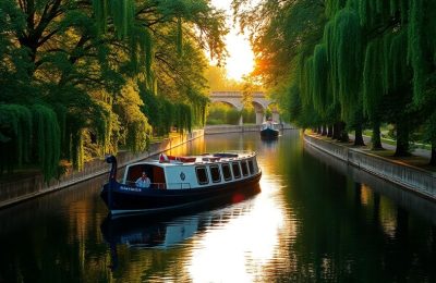 Bateau sur le Canal du Midi, arbres et soleil couchant.