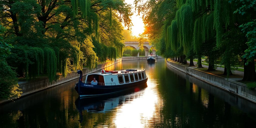 Bateau sur le Canal du Midi, arbres et soleil couchant.