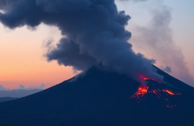Éruption volcanique de l'Etna, cendres tombant sur un paysage français.