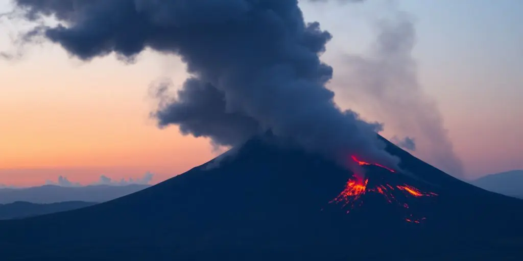 Éruption volcanique de l'Etna, cendres tombant sur un paysage français.