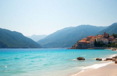 Plage ensoleillée, montagnes, mer turquoise, village perché méditerranéen.