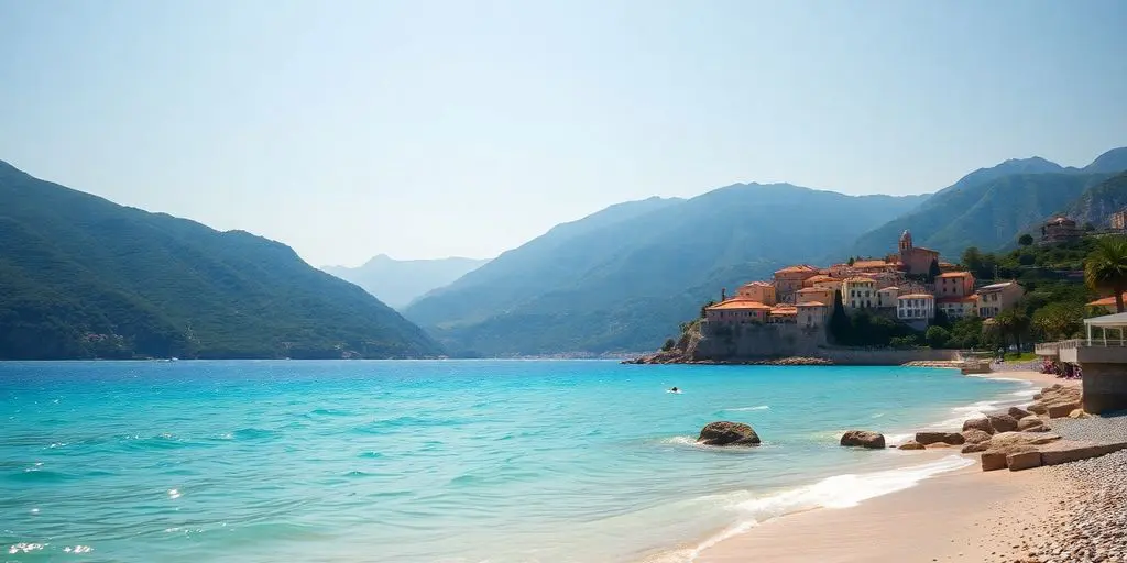 Plage ensoleillée, montagnes, mer turquoise, village perché méditerranéen.