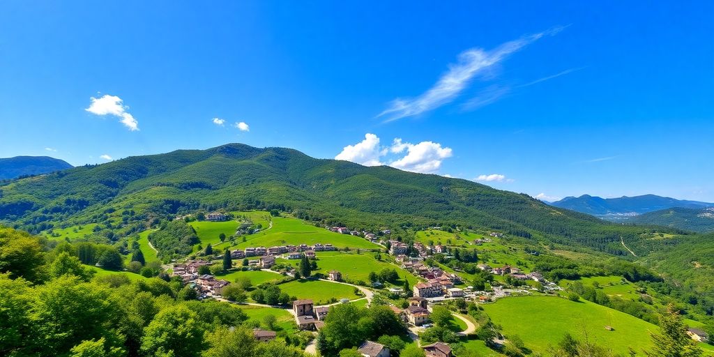 Paysage alpin verdoyant avec villages et ciel bleu.