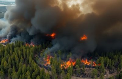Forêt incendiée et fumée épaisse