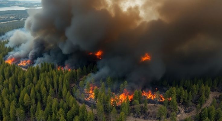 Forêt incendiée et fumée épaisse