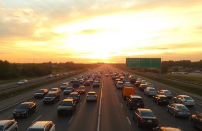 Autoroute embouteillée, voitures à l'arrêt, ciel nuageux au coucher du soleil.