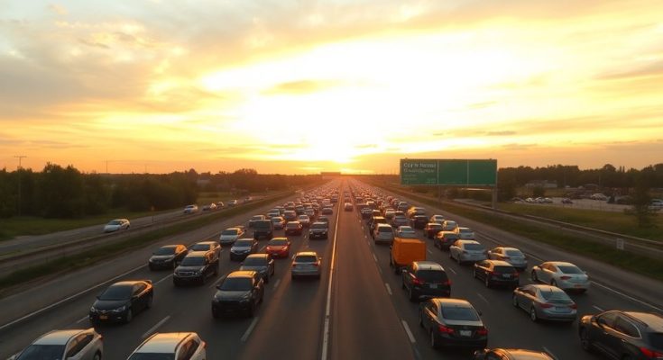 Autoroute embouteillée, voitures à l'arrêt, ciel nuageux au coucher du soleil.