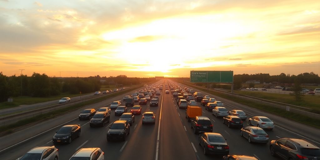 Autoroute embouteillée, voitures à l'arrêt, ciel nuageux au coucher du soleil.