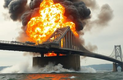Pont endommagé, flammes, fumée