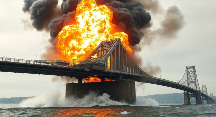 Pont endommagé, flammes, fumée