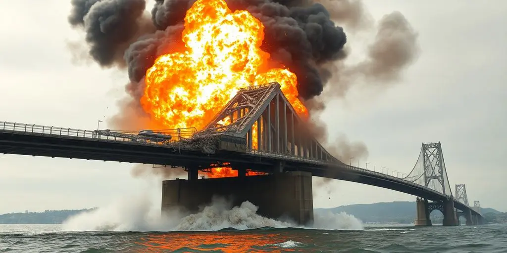 Pont endommagé, flammes, fumée